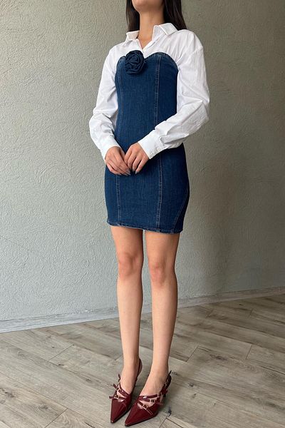 Seda Yalçın Atelier Dark Blue Strapless Rose Brooch Detailed Denim Dress