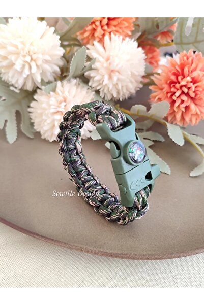 Sewille Design Hand Made Paracord Kamuflaj Bileklik 9050 Pusula, Düdük ve Ate...