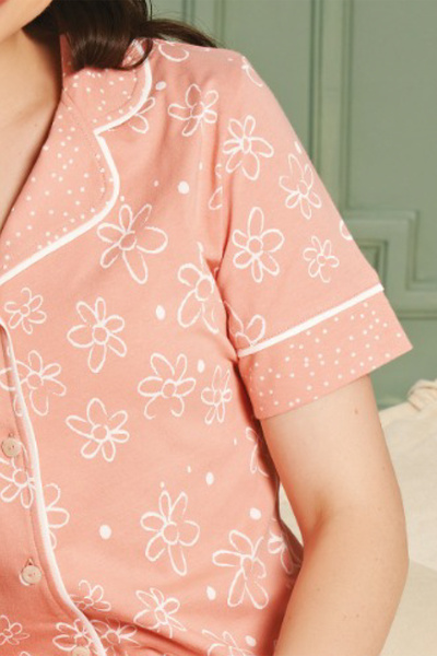 BSM High Quality Women's Pajamas Set - Salmon Color, Neck Buttoned, Short Sleeve Shirt Model, 100% Combed Cotton