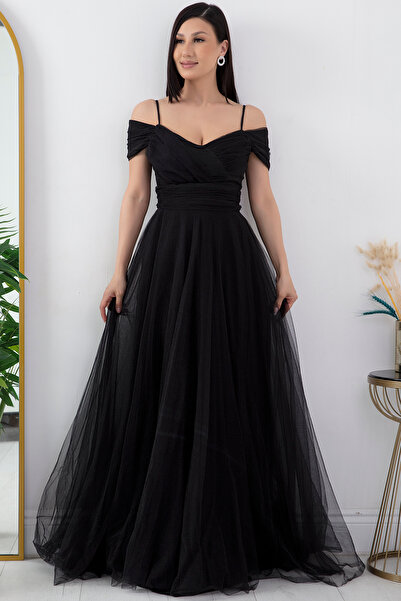PULLIMM Strappy Madonna Collar Long Tulle Dress 13413