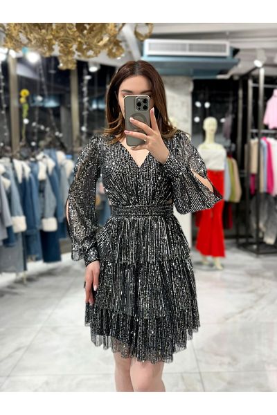 missswans Μίνι βραδινό φόρεμα Sierra Sequin με χαμηλή πλάτη μαύρο ασημί