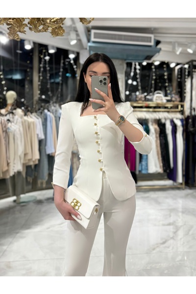 missswans Darina Kare Yaka Gold Düğmeli Ceket-Ekru