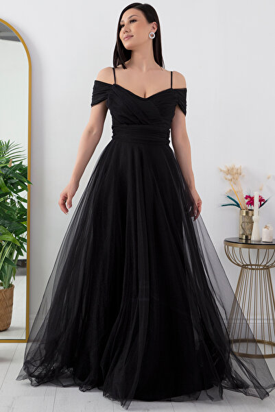 PULLIMM Strappy Madonna Collar Long Tulle Dress 13413