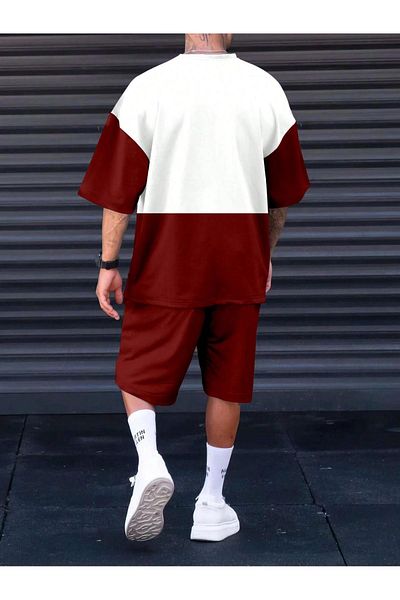 Benisengiydir Men's Burgundy White Los Angeles Printed Piece Shorts Suit