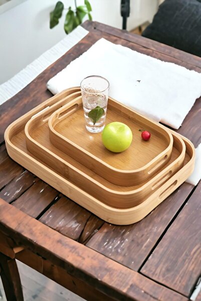 ALBETTO 3 قطع صينية مستطيلة من الخيزران، صينية من الخيزران