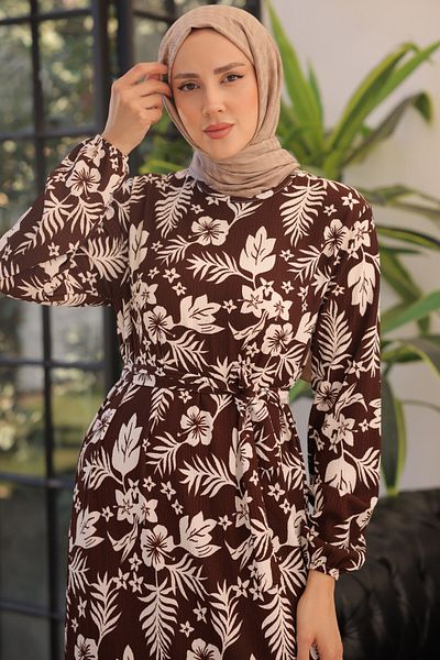 benguen 2342 Φόρεμα με floral σχέδιο καφέ