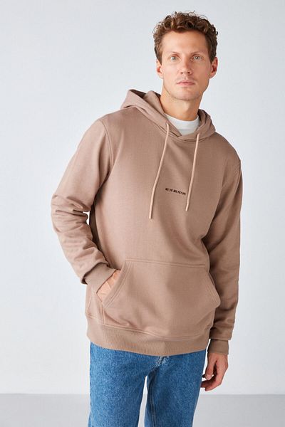 GRIMELANGE Epic Men's Soft Open Fabric Hooded Corded Regular Fit Embroidered Mink Sweatshirt