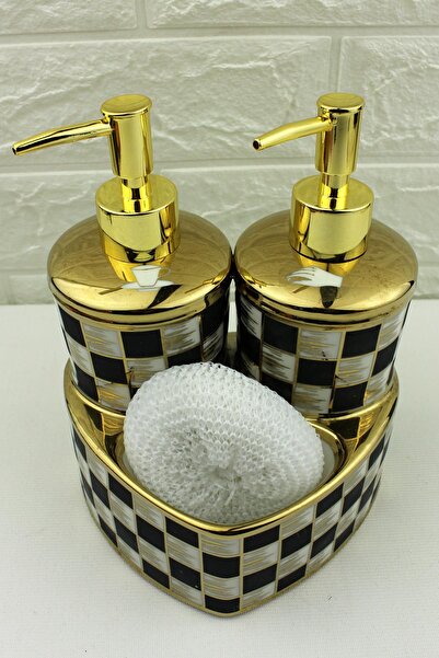 ALBETTO 2 Hazneli Kalp Model Porselen Mutfak 400ml Set Sıvı Sabunluk Damalı F...