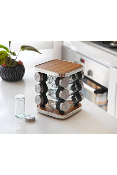 ALBETTO 12 Li Ahşap Kaplamalı Döner Stantlı Cam Baharatlık Baharat Seti 12 Li