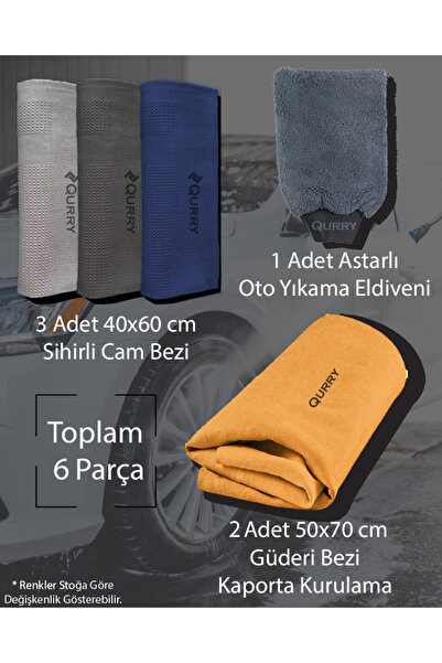 QURRY 6'li Oto Yıkama Seti, 2adet Taba Güderi Bez, 3adet 35x65 Sihirli Bez, 1...