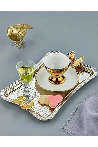 ALBETTO Metal Dövme Tepsi Tek Kişilik Sunumluk Gümüş 25cm