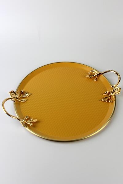 ALBETTO Metal Dövme Tepsi Servis Tepsisi 30cm Sarı Yaldızlı
