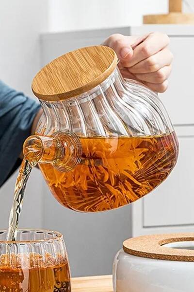 ALBETTO إبريق شاي زجاجي من البورسليكات بغطاء من الخيزران إبريق شاي نباتي 1 لت...