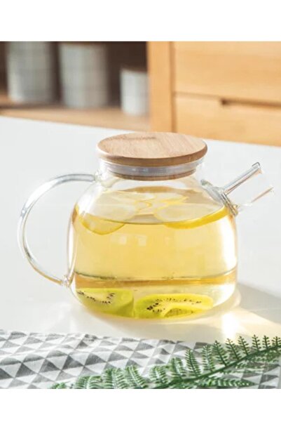ALBETTO إبريق شاي زجاجي من البورسليكات بغطاء من الخيزران إبريق شاي نباتي 1 لت...