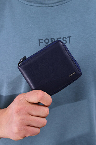 Grande 1579 100% натуральна шкіра Чоловічий гаманець на блискавці Карт-холдер Синій