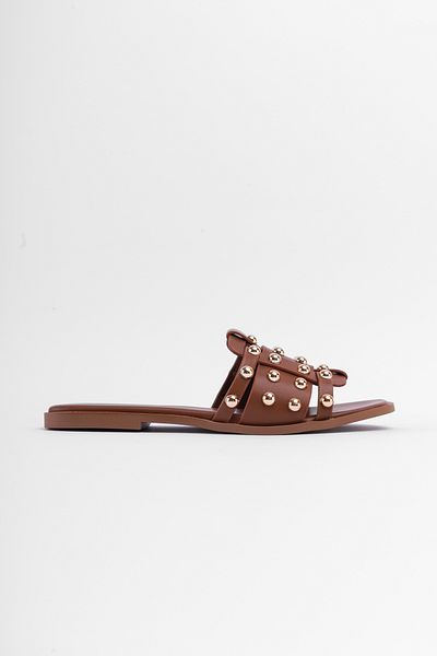 SHOEMARK Trina Women's Daily Slippers - Tan Knit, Banded and Accessory Detailed