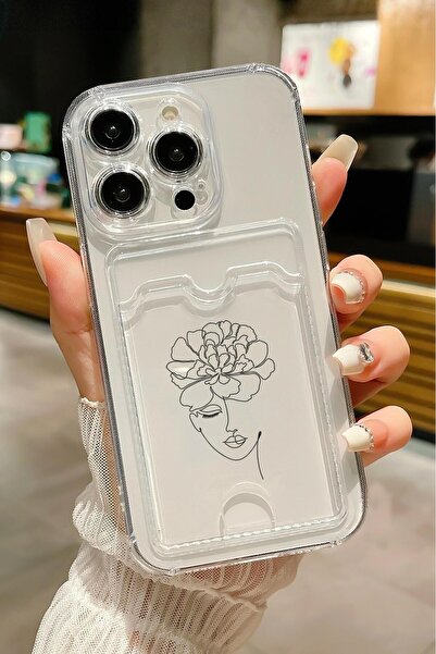 mooodcase iPhone 13 Pro Uyumlu Flower Women  Desenli Şeffaf Kamera Korumalı ve Kartlıklı Telefon Kılıfı