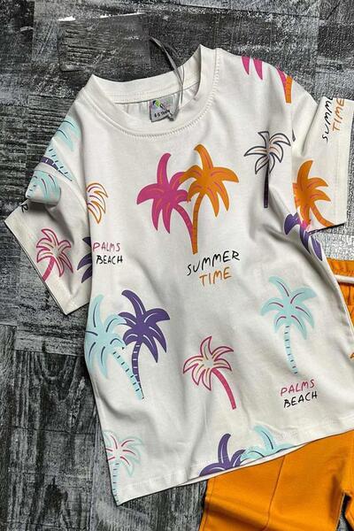 Riccotarz Girl's Palm Patterned Short Sleeve Orange Tracksuit Set