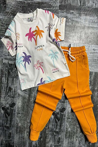 Riccotarz Girl's Palm Patterned Short Sleeve Orange Tracksuit Set