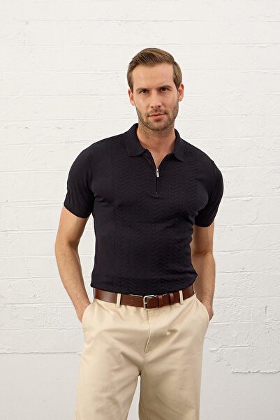 Danger Ανδρικό καλοκαιρινό πλεκτό μπλουζάκι για κολάρο πόλο με λεπτή εφαρμογή σε σκούρο μπλε ναυτικό