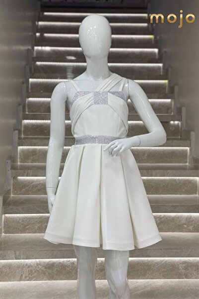 Mojo Bebek Erkut Abiye Taş Işlemeli Tek Omuz Saten Abiye Elbise 610 Krem