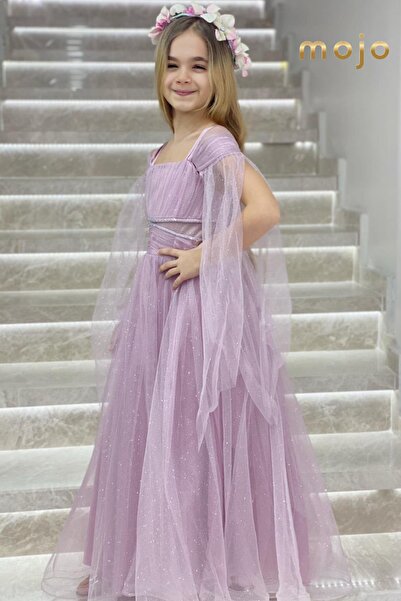 Mojo Bebek Erkut Abiye Kız Çocuk Düşük Omuz Kolu Tüllü Uzun Abiye Elbise 680 Lila