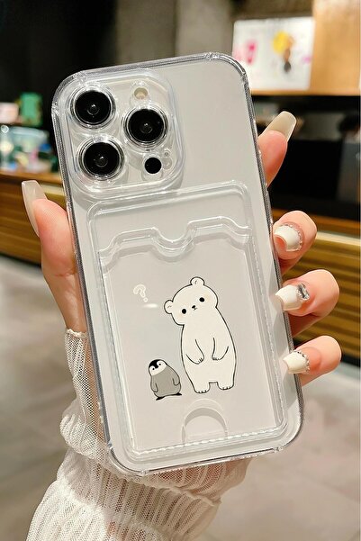 mooodcase iPhone 13 Pro Uyumlu Penguen Ayıcık Desenli Şeffaf Kamera Korumalı ve Kartlıklı Telefon Kılıfı