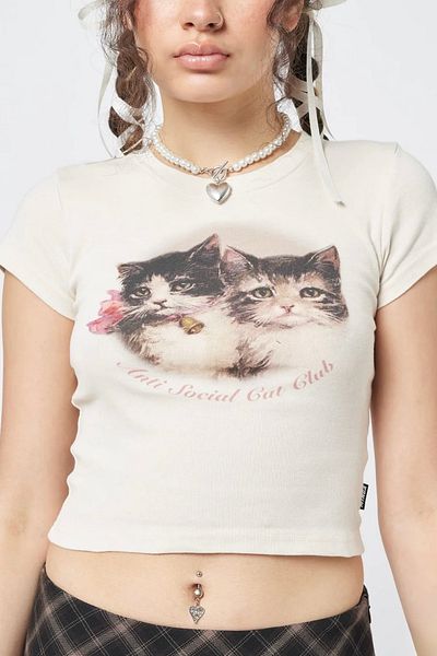 EFBUTİK Μπεζ Anti Social Cat Club Crop