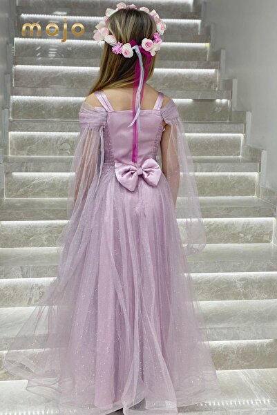 Mojo Bebek Erkut Abiye Kız Çocuk Düşük Omuz Kolu Tüllü Uzun Abiye Elbise 680 Lila