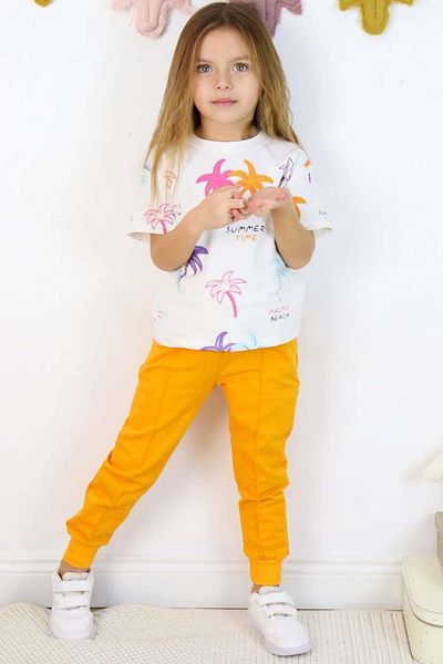 Riccotarz Girl's Palm Patterned Short Sleeve Orange Tracksuit Set