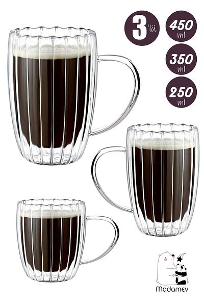 Madamev 3-Piece Double Walled Handled Heat Resistant Glass Cup Set Twisted 450 + 350 + 250 mlGlass Set