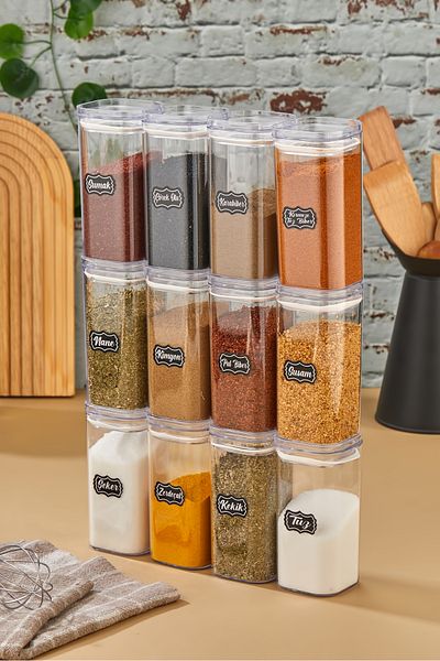 DE HOME 12-Piece 300ml Vacuum Lid Transparent Spice Dispenser Set - Leak-Proof Silicone Gasket - With Label Gift