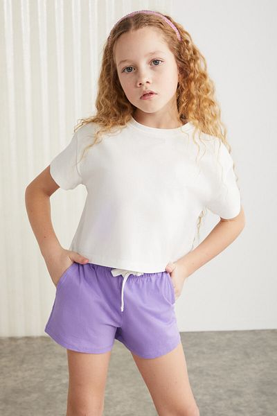 GRIMELANGE SUZANNE-GRM24048 100% cotton female child shorts tshirt set Purple Bottom-Upper Set