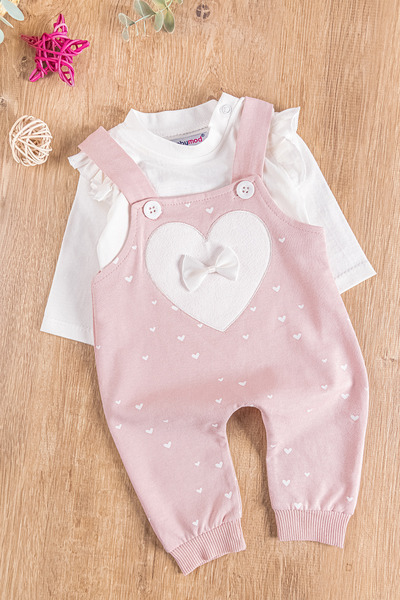 Babymod Kalp Desenli Fiyonklu Kız Bebek Tulum Salopet Takım