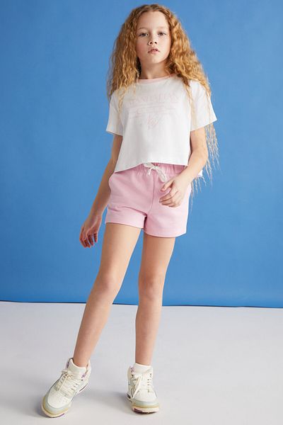 GRIMELANGE SUZANNE-GRM24048 100% cotton female child shorts tshirt set Pink Bottom-Upper Set