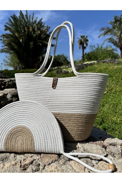 DeMu MEGS WOMEN'S WICKER BEACH BAG 2-PIECE SET WICKER JUT, HANDBAG, CLUTCH