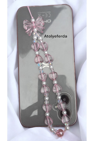 Atolye Ferda Pembe Kalp Ve Kurdele Figürlü Telefon Charmı Telefon Süsü