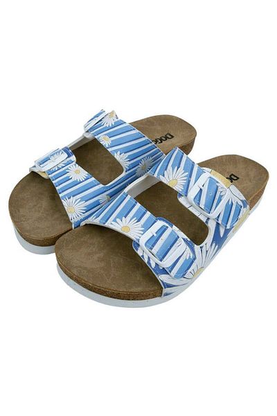 Dogo Blue Vegan Leather Women's Slippers - Daisy Stripes Design