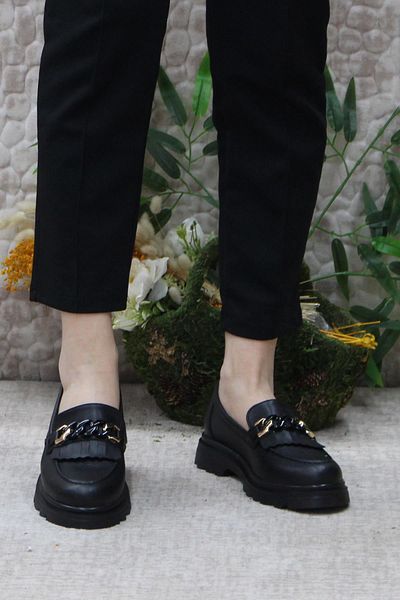 fort 85116 Black Leather Buckle Detailed Comfortable Loafer Women's Shoe