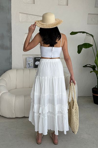Ortaya Çık White Asymmetrical Seersucker Skirt with Elastic Waist