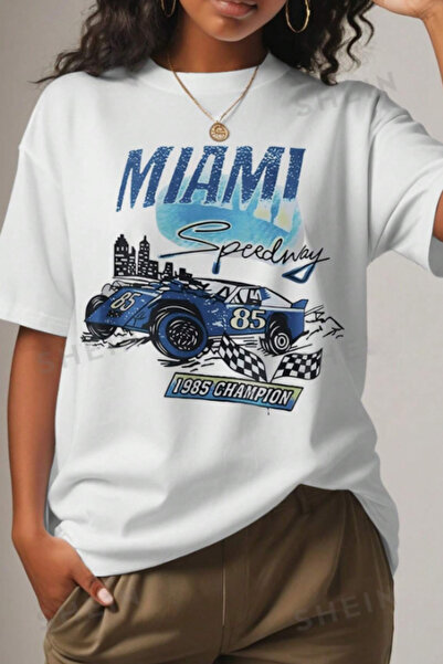 AEMİ Жіноча футболка MIAMI Speedway Champion з принтом, 100% бавовна, великий...