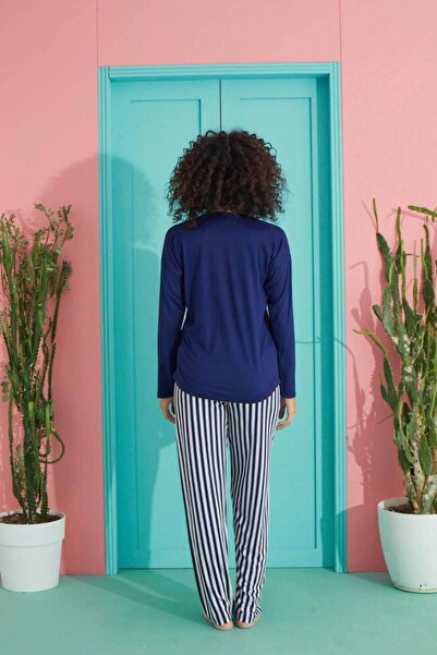 MEBA Milan Uzun Kol Lacivert Çizgili Penye Pijama Takımı -12