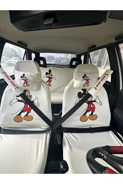 TKY Mickey Mouse Oto Servis Kılıfı, Kemer Pedi, Yastık Takımı Beyaz