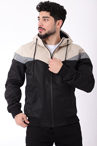 Stilkombin Erkek Bej Bill Üçgen Parçalı Kapüşonlu Mevsimlik Mont 1220