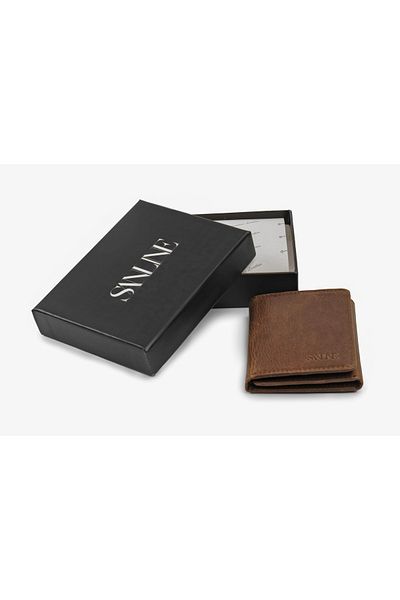 SANLINE Мъжки магнитен портфейл от естествена кожа, кафяв