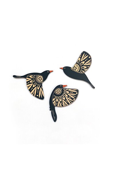 CajuArt Dekoratif Üçlü Desenli Kuşlar Ahşap Duvar Tablo Dekor Süs