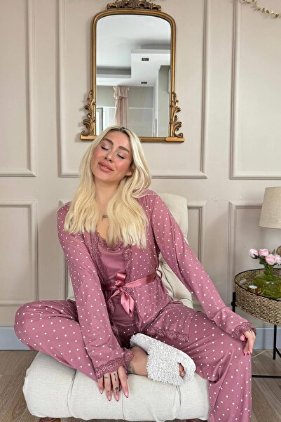 Pijamaevi Pudra Mini Puan Desenli Bambu Sabahlıklı Kadın Pijama Takımı