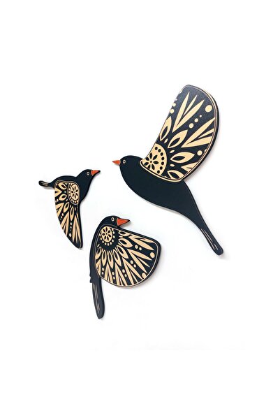 CajuArt Dekoratif Üçlü Desenli Kuşlar Ahşap Duvar Tablo Dekor Süs