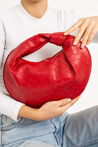 ESTUTE Kadin  Mini Baget Dügüm Detaylı Fermuarlı El Çanta Örgü Desenli