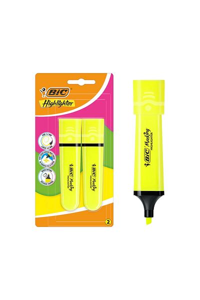 Bic Marking Highlighter Flat Flat Body Marking Pen Neon Yellow Pack of 2